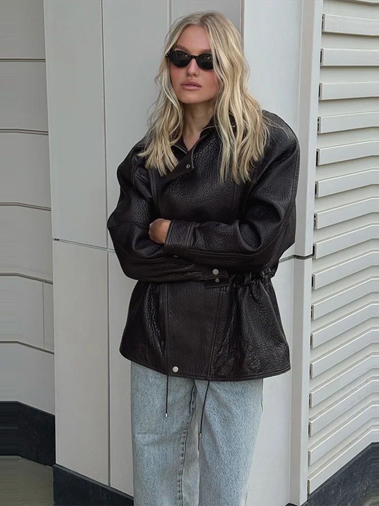 Women's Cinched Waist Coats Faux Leather Jackets High Neck Outwear Zip Detail Oversized Autumn Casual Street Fashion Clothes