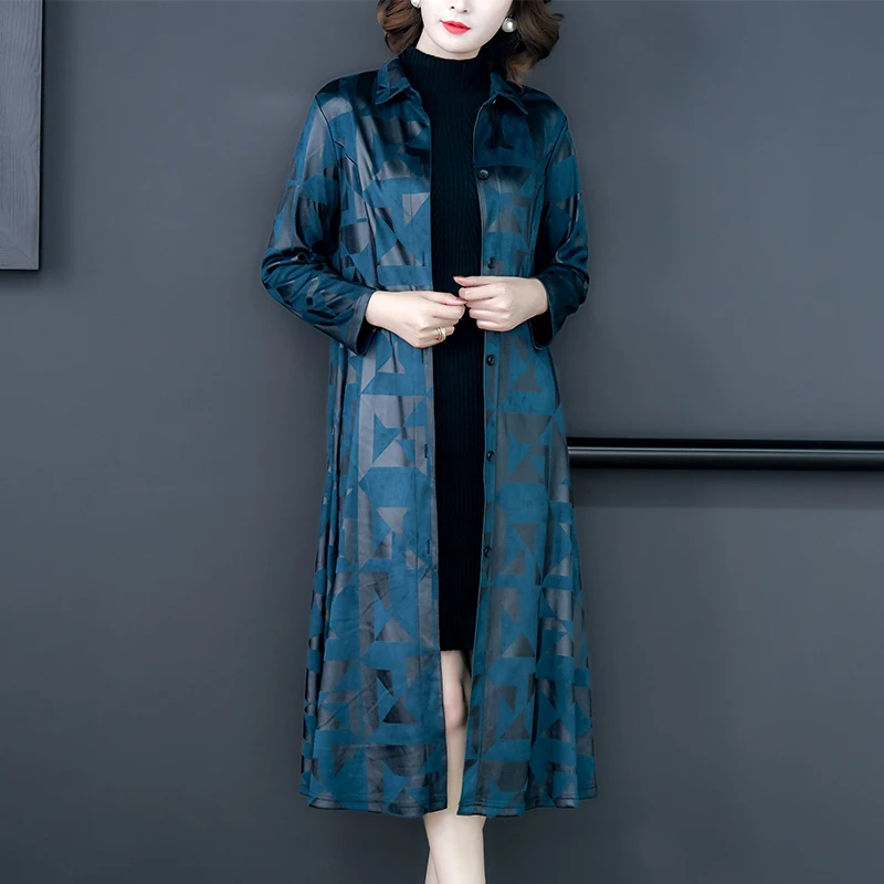 2023 Autumn/Winter New Blue Silk Printed Long sleeved Coat Coat for Women\'s Loose Large Knee Long Dress Windbreaker Robe