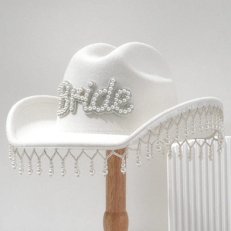 Women's unisex Western cowboy with pearl BRIDE lettering and Y-shaped tassel pendant, bridal hat accessory