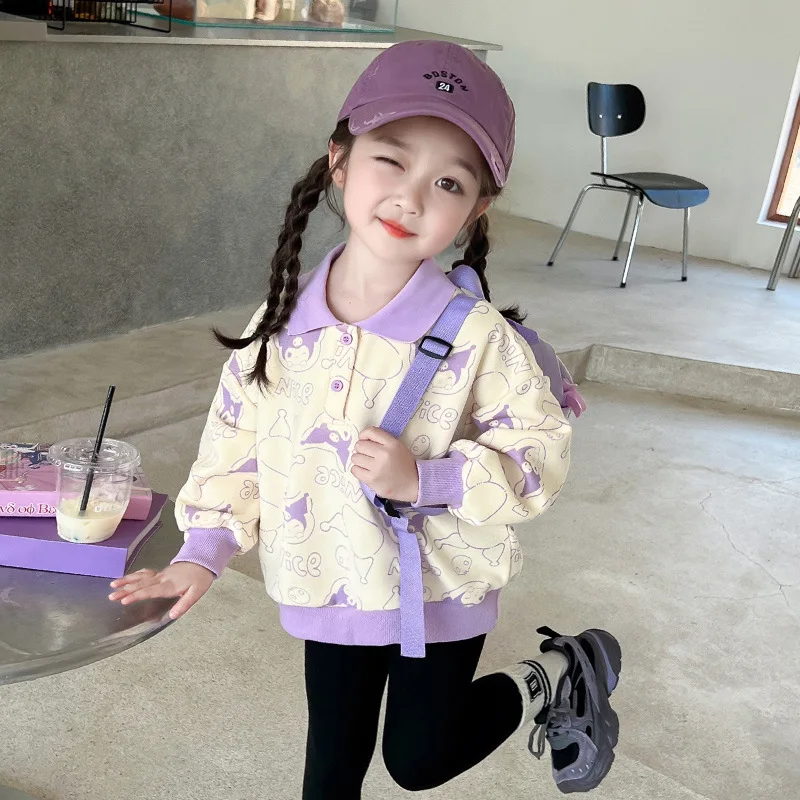 

Kuromi 2025 Sanrio Anime Girls Sweatshirt Spring and Autumn Polo Lapel Cute New Children's Fashionable Long-Sleeved Cartoon Top
