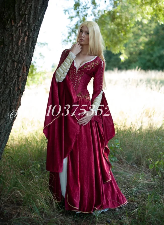 Vermelho medieval elfo noite vintage vitoriano fada manga longa vestido pagão renascentista masquerade robe de soiree femmes