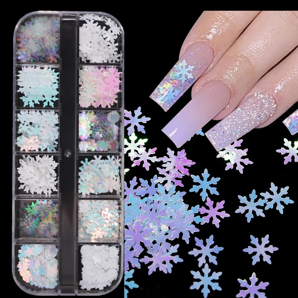 12 rejillas blancas Aurora copos de nieve purpurina holográfica copos de nieve decoraciones de uñas de Navidad Boxed4/6mm lentejuelas de manicura