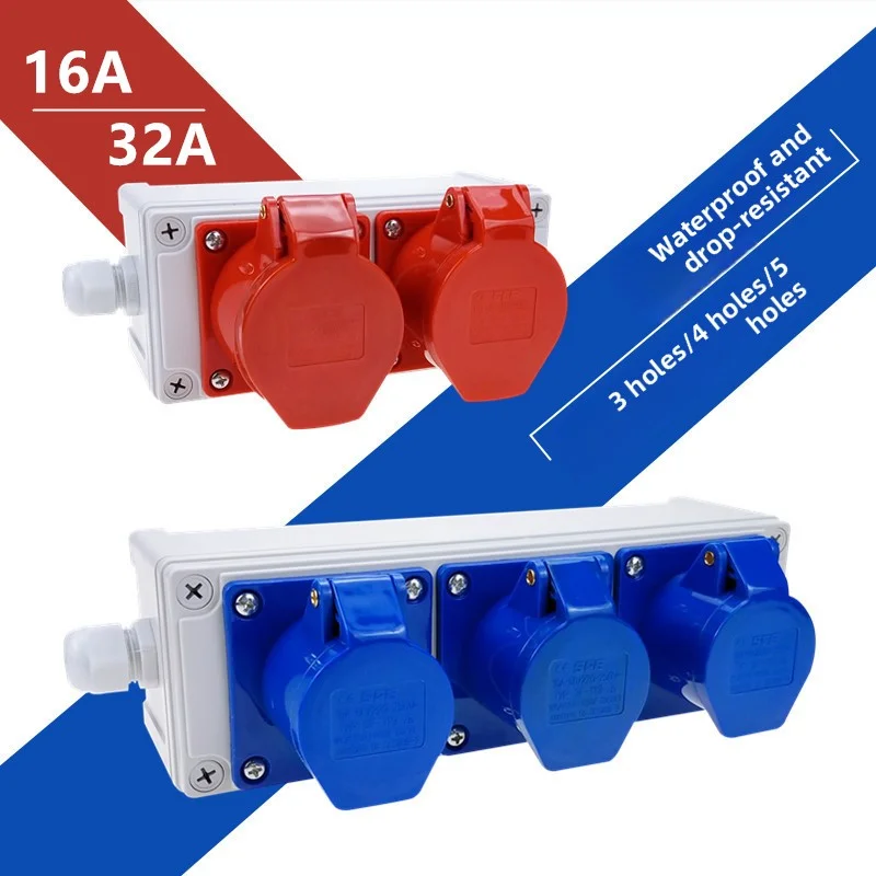 

Triple European standard waterproof plug row, three four five hole 16A/32A industrial socket row, outdoor rainproof plastic