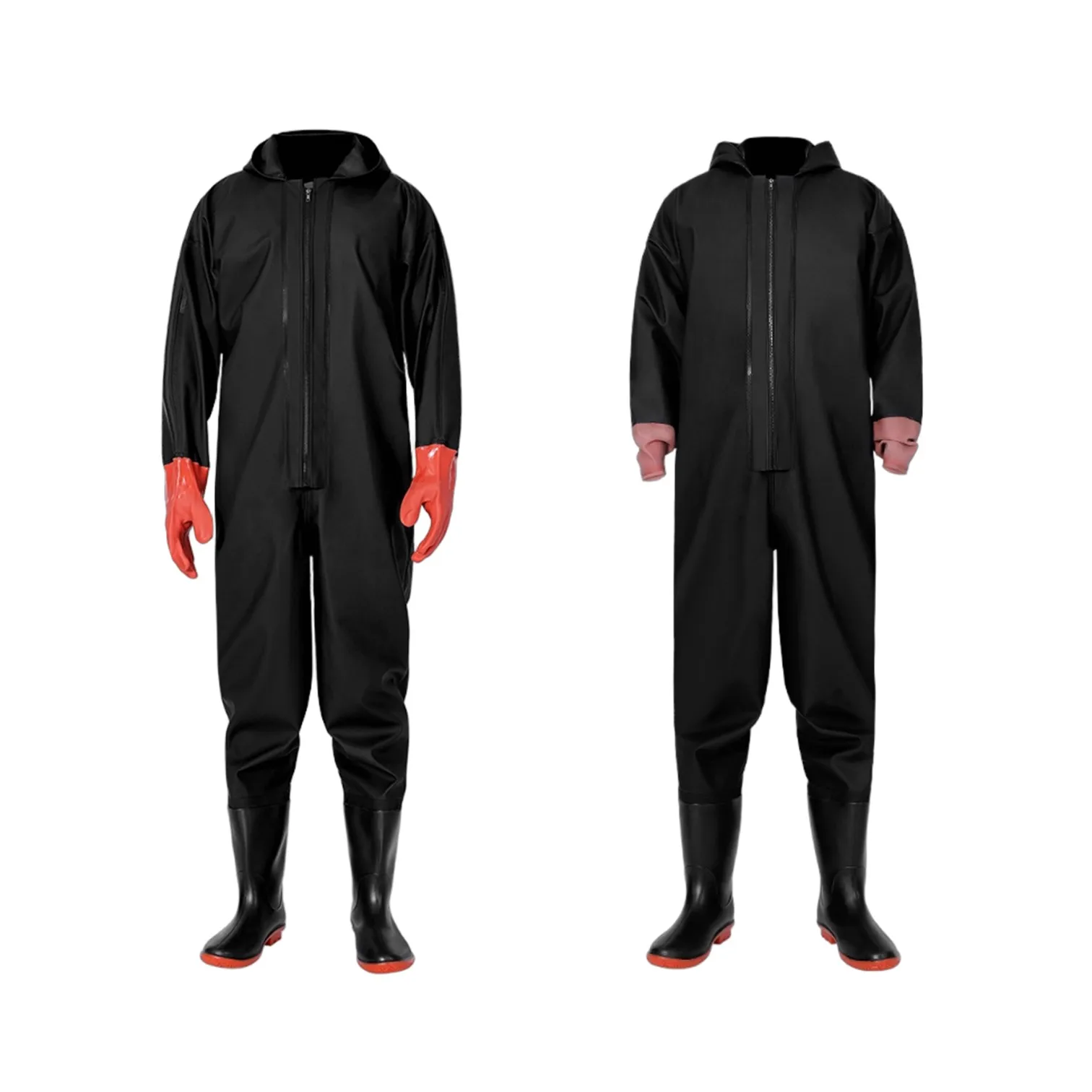 Thickenede PVC Full-body Fisherman Waders Waterproof Fishing Bib Breathable Riancoat with Integrated Hoop Gloves and Rainboots