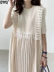 [EWQ] Korean Chic O Neck Lace Stitching Loose Patchwork Pleated Short Sleeve Long Dress For Women 2024 New Spring Summer 16U8569