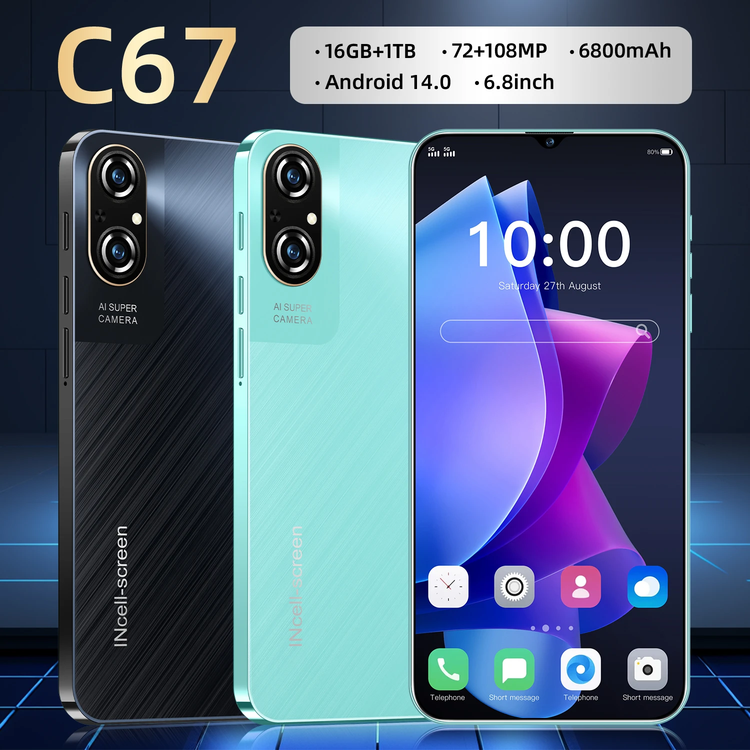 C67 New Smartphone 5G 6.8-inch High-definition Android 14 Snapdragon 8gen3 10core Dual SIM Phone 6800mAh Unlocking Mobile Phone