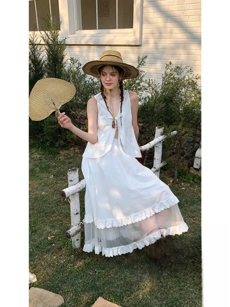 

Le Island Light Retro 00 Cotton A-Line Svel Top with Organza Skirt Set Women's Faion Ensemble V-Ne Button Closure