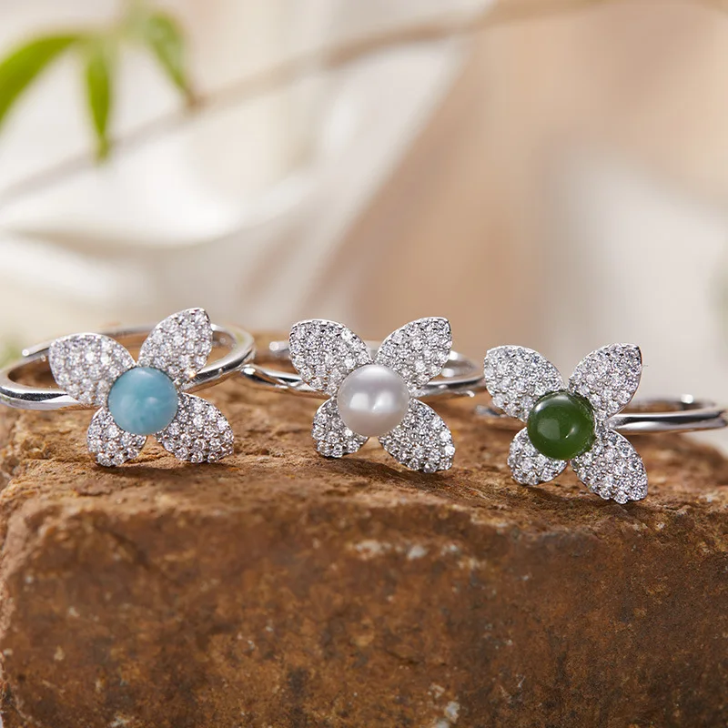 

S925Pure Silver Natural Gemstone Ring for WomeninsJapanese and Korean Mori Style Fresh Set Simple Sweet Open Ring