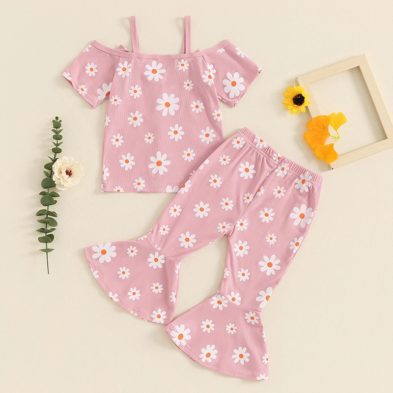 Kids Baby Girl 2Pcs Summer Outfits Off Shoulder Floral Print Tops + Flare Pants Set Toddler Clothes image 3