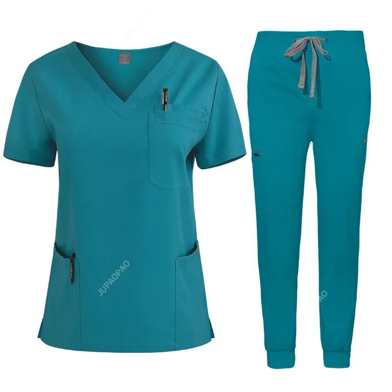 Multicolour Jogger Suits Doctor Nursing Uniforms Short Sleeve V-neck Tops Pocket Pants Nurse Scrubs Set Medical Clinical Clothes