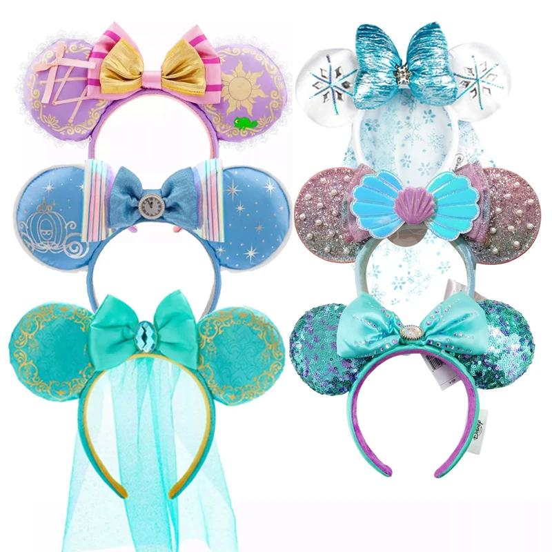 2025 Disney Princess Seris Mickey Mouse Headband Disneyland Minnie Ears PU Leather Headwear Children Girl Toys Decoration