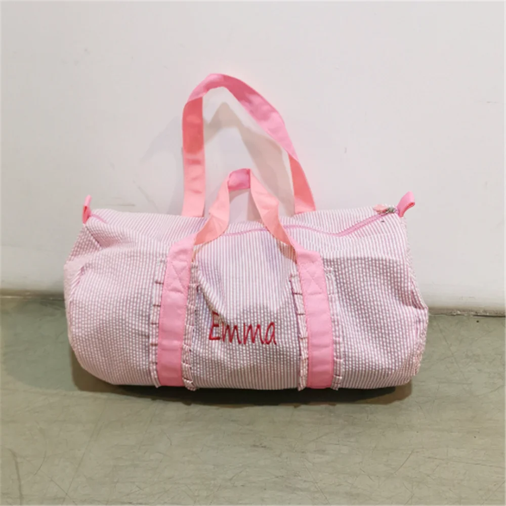 Custom Name Seersucker Cotton Travel Bag Ladies Luggage Bag Cylinder Bag Personalized Embroidered Name Gift Luggage Hand Bags