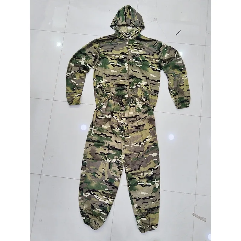 

Outdoor Men's Lightweight Mesh Camo Suits Summer Breathable Hooded Coveralls Tactical Hunting Clothing Anti-Mosquito Workwear
