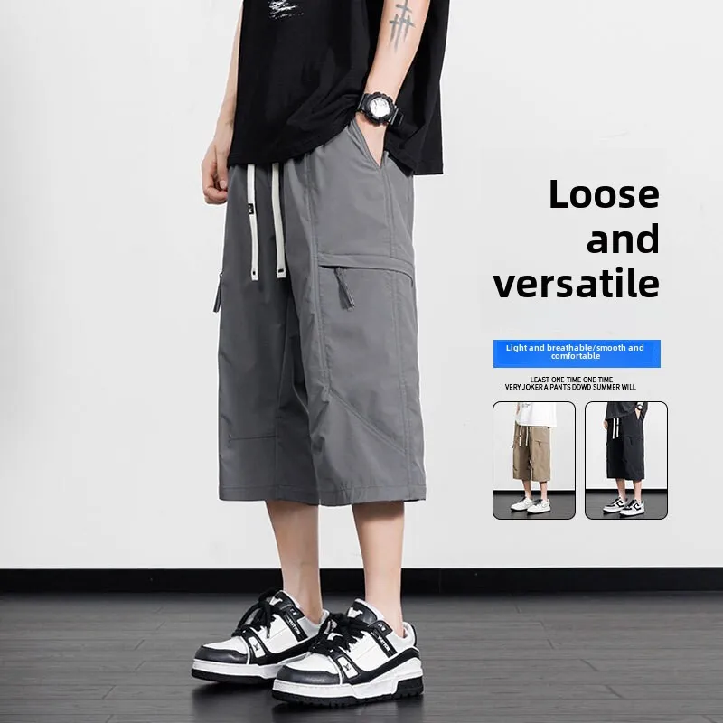 

Working Cropped Pants Men's Summer 2025 New Ice Silk Thin Casual Trendy Brand Loose American Sports Shorts Cargo Mens Shorts