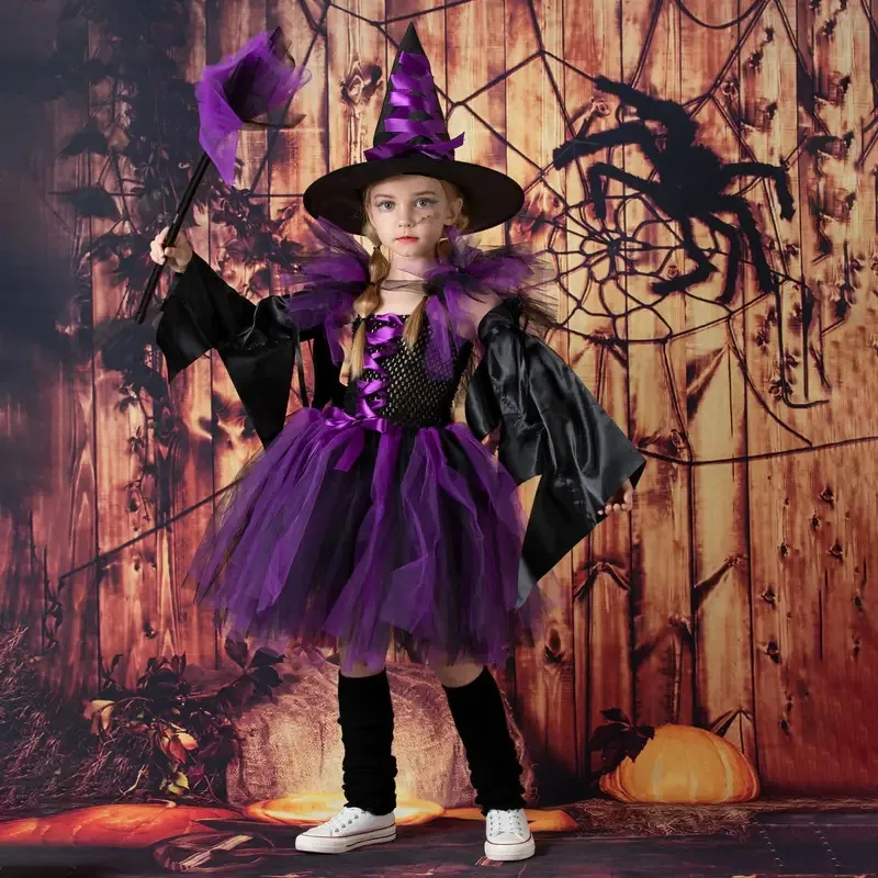 

New Halloween cute children's costumes Witch cosplay Festival stage party dress Girls mesh dress set