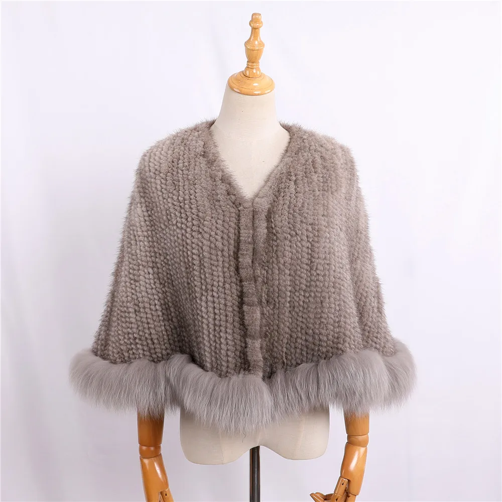 Luxury New Genuine Mink Fur Knitted Shawl Wrap Cape with Fox fur Triming women Lady mink fur coat Jacket Stole Amice