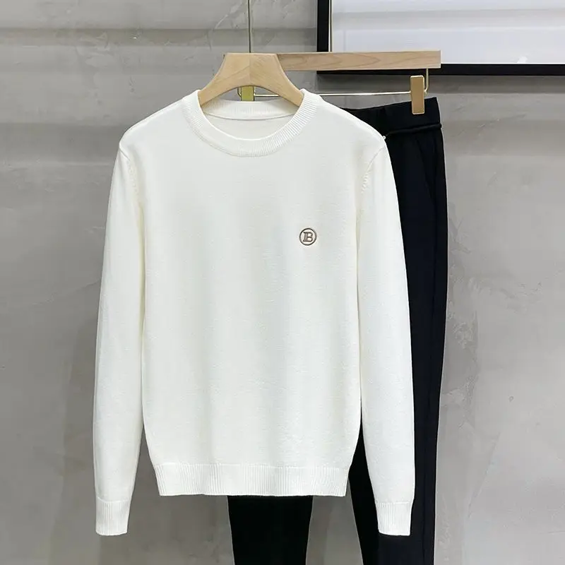 Men's Autumn Winter Solid Pullover Round Neck Striped Embroidered Screw Thread Lantern Long Sleeve Sweater Knitted Casual Tops