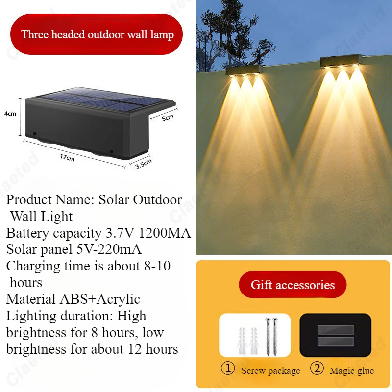 New 3LED Solar Wall Light Outdoor Waterproof Courtyard Garden Wall Decoration Atmosphere Lighting Fixtures