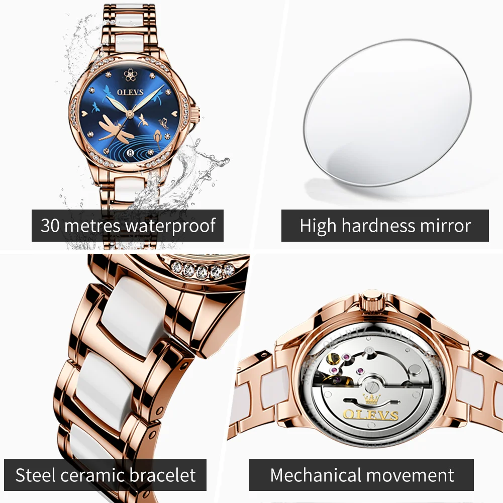 OLEVS 6610 Hot Sale Ceramics Strap Mechanical Women's Watches Rose Gold Diamond Bezel Luxury Elegant Automatic Watches for Woman