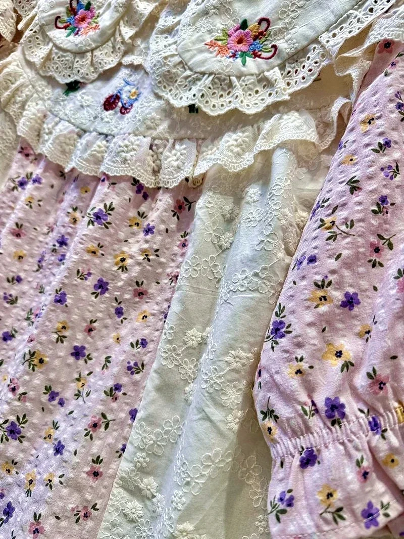 Cottagecore Vintage Cotton Floral Embroidery Ruffled Lace Patchwork Babydoll Blouse Retro Victorian Rococo Shabby Chic Shirt Top