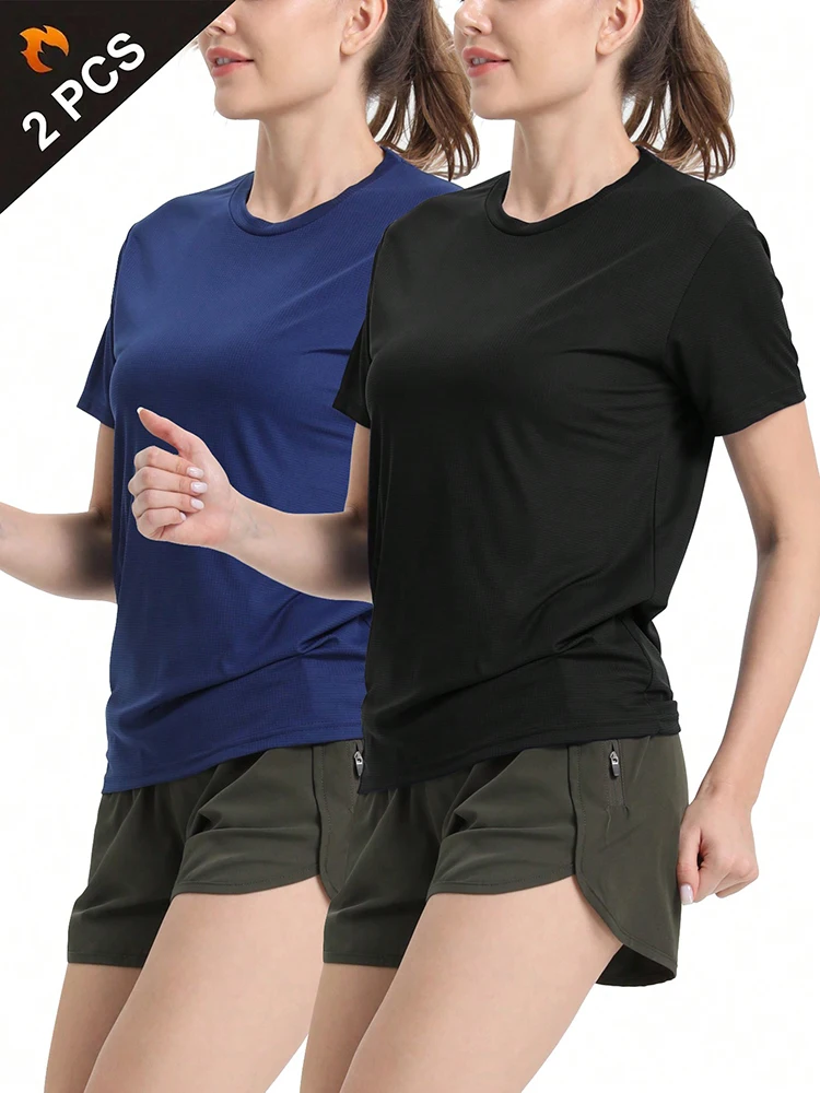 2Pcs Women\'s Solid Color Ultralight Quick Dry Sport T-Shirt, Breathable Lightweight Top For Fitness Training Workout Running Gym