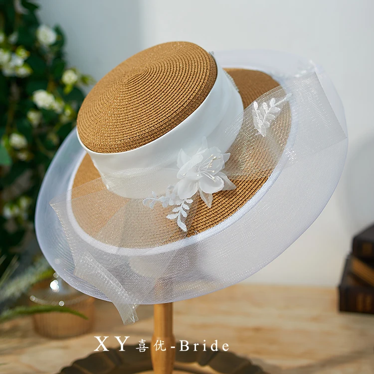 French Style Flower Straw Satin Wedding Hat Elegant Ladies Spring Summer Beach Photo Shoot Fedoras Headdress Mesh Fascinators