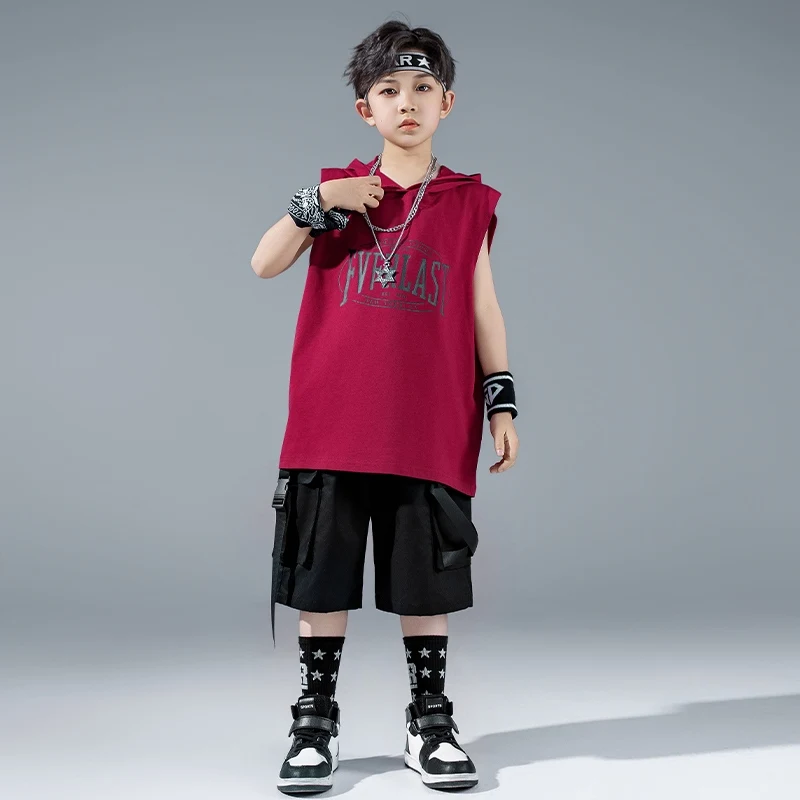 Abito da spettacolo di danza di strada per ragazzi Hip Hop Top oversize Pantaloncini neri Moda senza maniche Felpa con cappuccio Jazz Line Dance Costume 3633