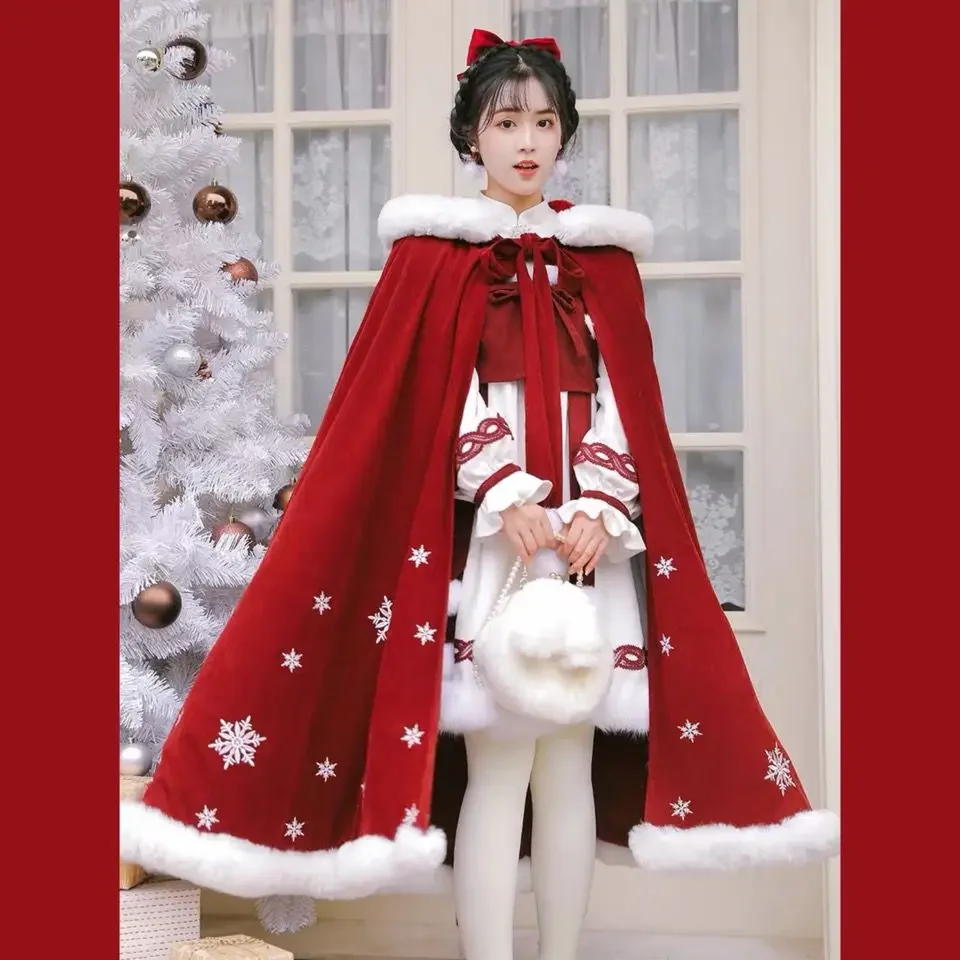 Han Suit Cloak Women's 2022 New Winter Warmth Chinese Coat Hooded Cloak Coat Ancient Traditional Plush Thickened Women's Red