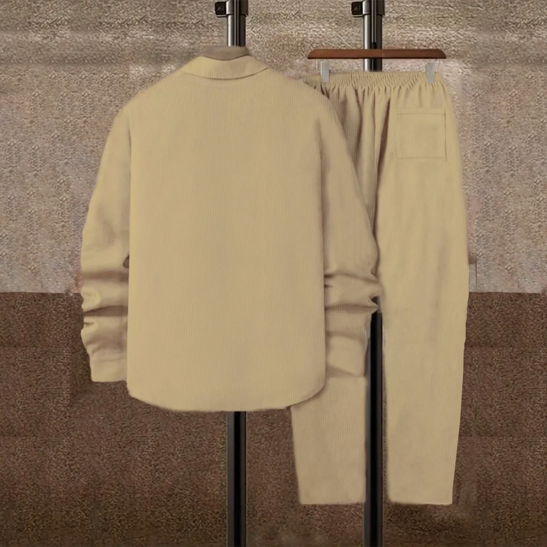 جديد أزياء الرجال بلون سروال قصير عارضة العصرية فضفاض 2 قطعة مجموعات بدوره إلى أسفل طوق قمصان طويلة الأكمام بنطلون مستقيم