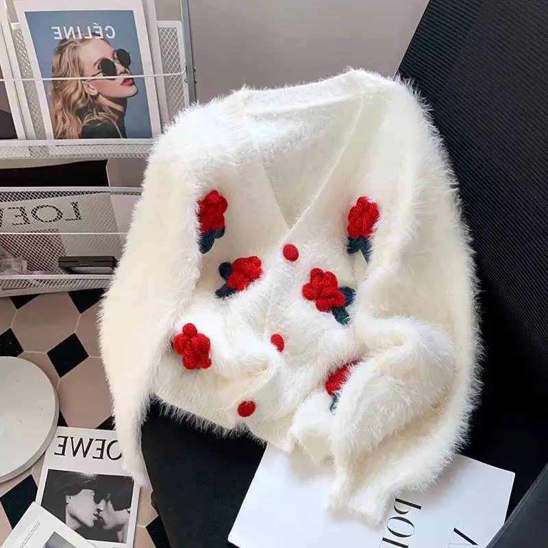 

Осенне-зимний модный новый женский элегантный вязаный кардиган, однобортный кашемировый свитер с длинными рукавами и цветочным принтом, джемпер