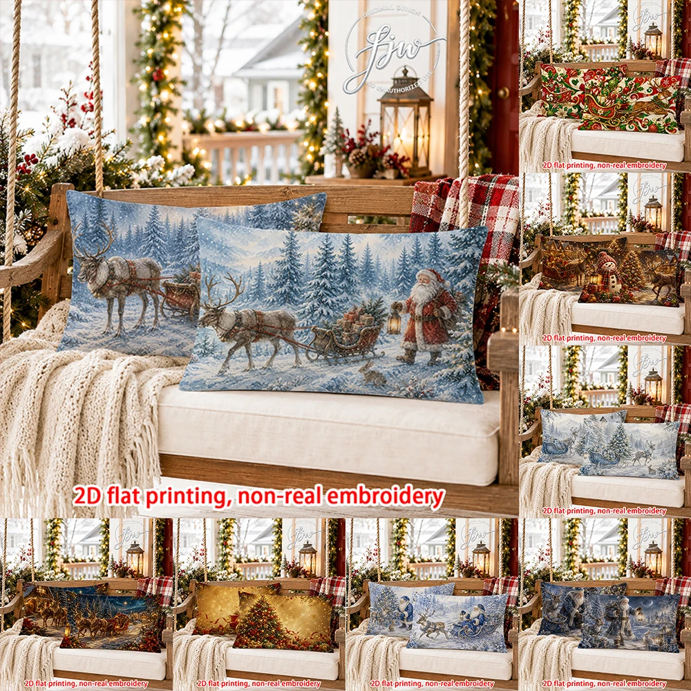 2pcs Christmas Winter Throw Pillow Covers  Vintage Santa Reindeer Sleigh Holiday Decorative Cushion Cases for Porch Sofa Bed