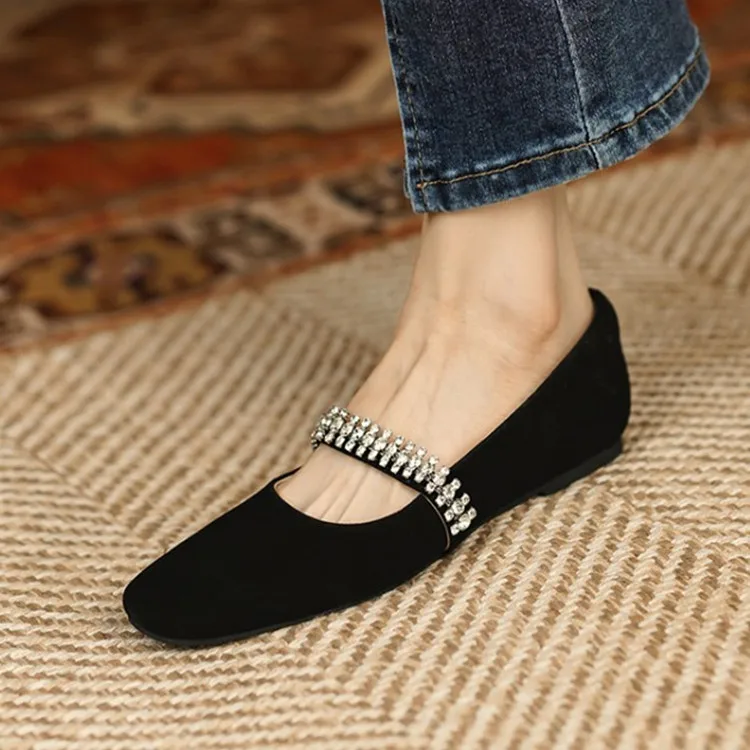 

2023Spring Black Suede Women Flats Vintage Square Toe Single Creepers Rhinestone Strap Moccasins Femmes Crystal Espadrilles