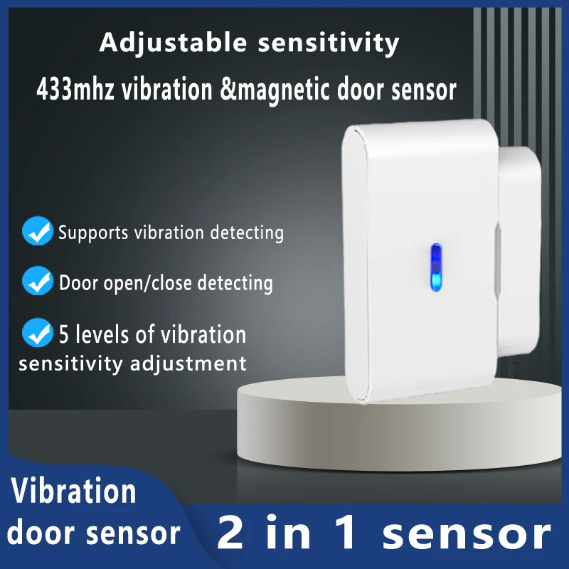 2024 sensible a la vibración ajustable inalámbrico 433mhz sensores de vibración de rotura de vidrio Detector de alarma de puerta y ventana para Kit de alarma de casa