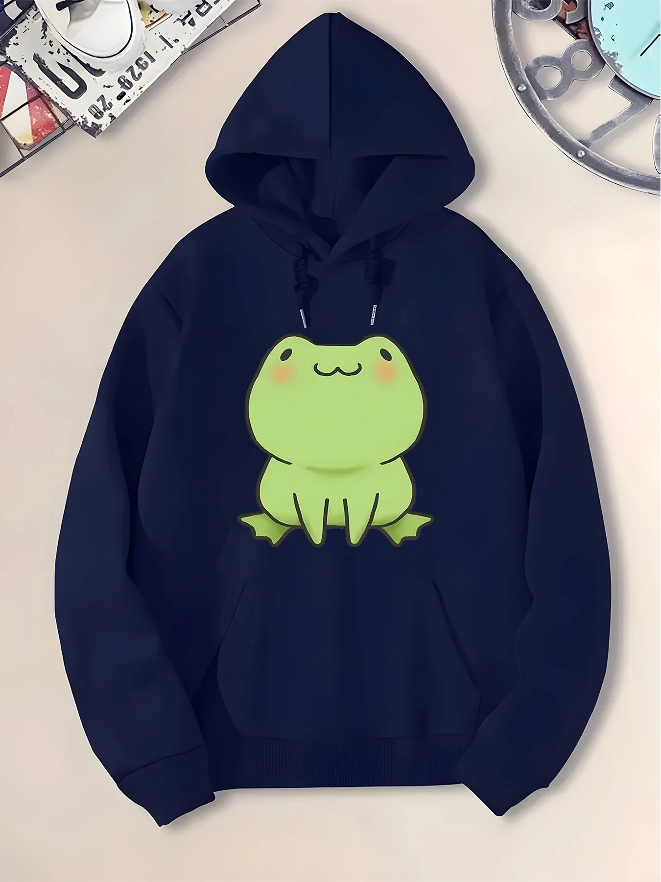 

Women's Casual Hoodie with Cute Frog Graphic Print - Light Grey Relaxed Fit Unisex Sweatshirt, Soft Comfortable Pullover for Out