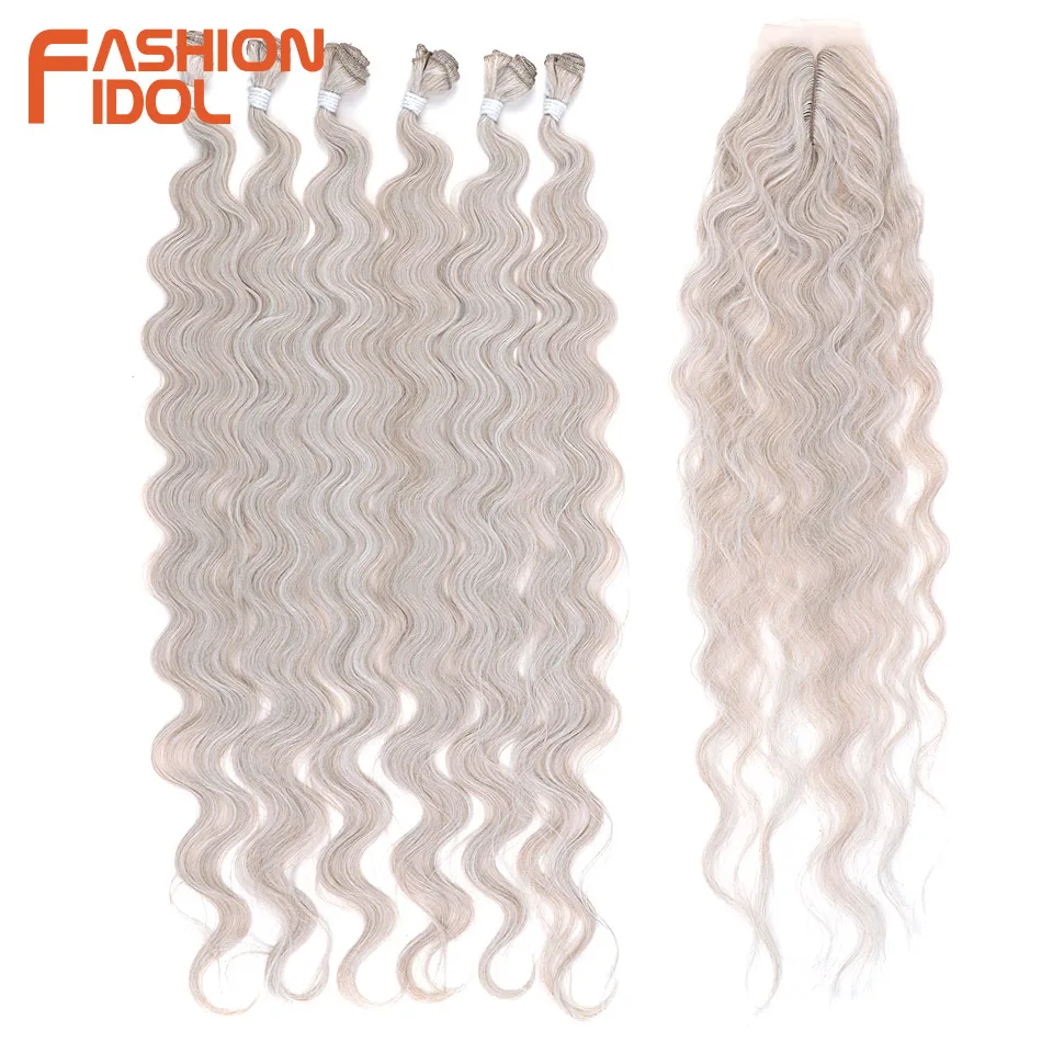 FASHION IDOL 36 inch 7pcs/Pack Body Wave Hair Bundles With Closure Synthetic Hair Weft 320g Ombre Brown Fake Hair Weave Bundles