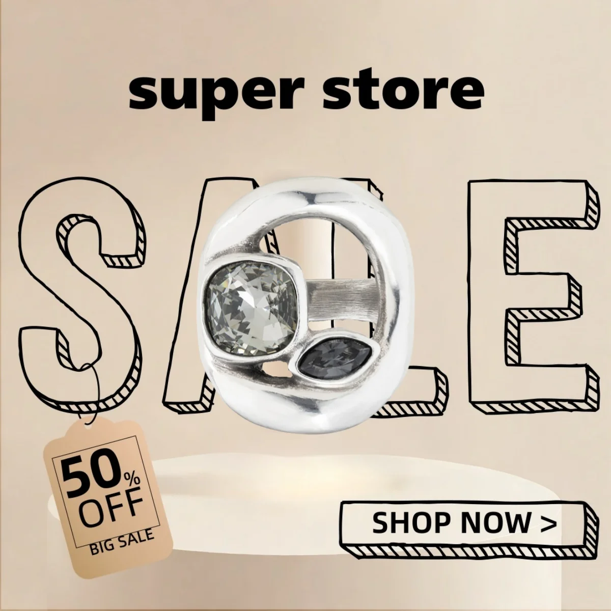 

2025 UHO Europe and America Original New Product Silvery Personality Irregular Gray Crystal Ring Women Fashion High Quality Gift