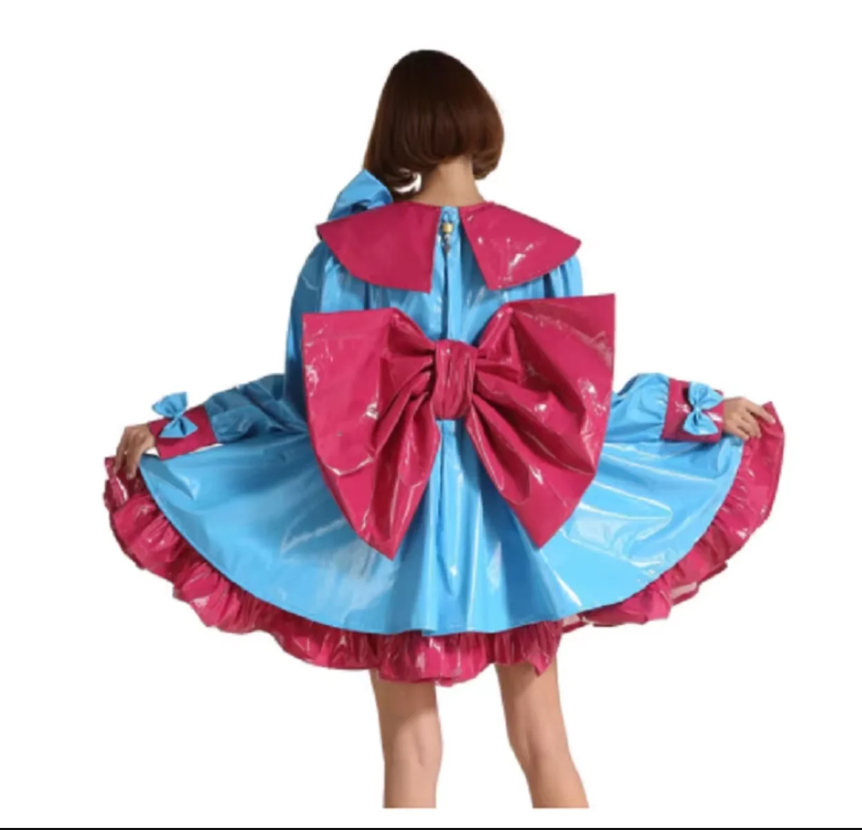 Big Cute Bow Sissy Cross Dresser Party Lockable PVC Dress Costume Cross Dressing Role-playing Maid Costume Blue and Red Stitched