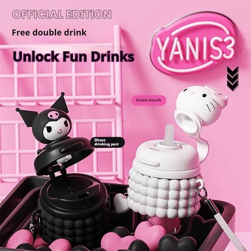 

Клубничный медведь Sanrio Hellokitty Kuromi Girl, милая пластиковая чашка-непроливайка, модная портативная мультяшная кавайная герметичная чашка с ручкой