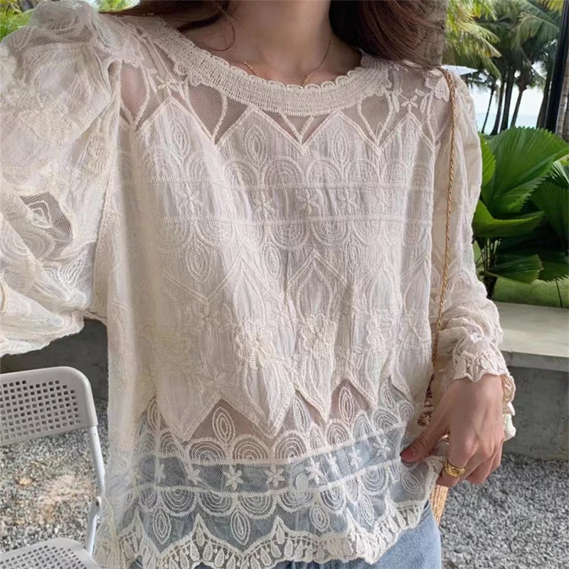 REALEFT Summer Bohemian Crochet Women\'s Tops 2024 New Hollow Out Long Sleeve O-Neck Casual Korean Beach Tops Female