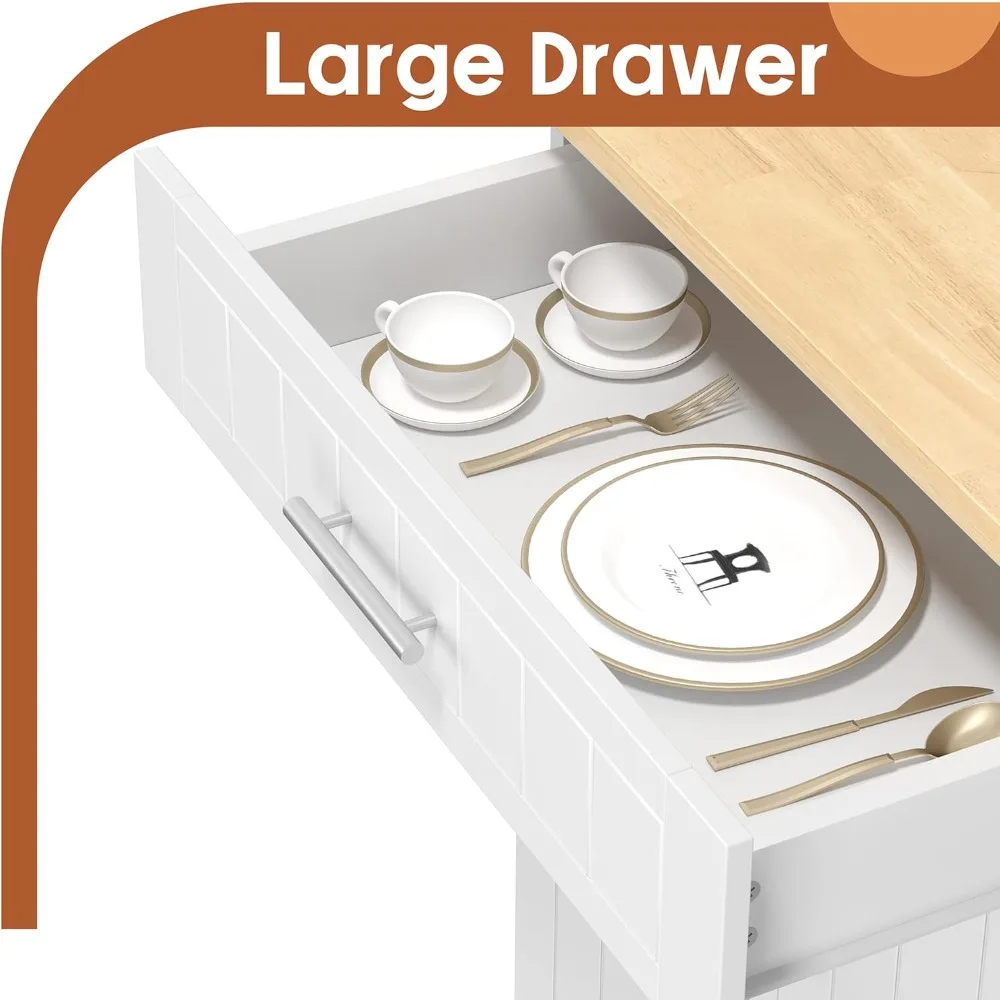 عربة جزيرة المطبخ مع خزانة أرفف للتخزين، عربة مطبخ متنقلة مع مقبض رف المناشف لتوظيفية محسنة #2