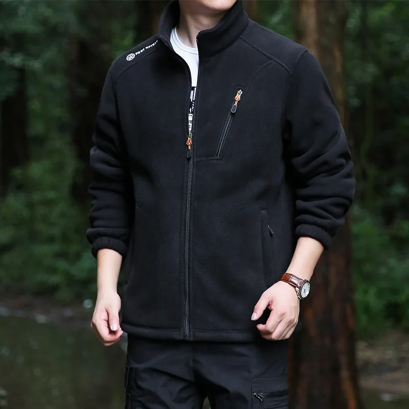 Men Winter Polar Fleece Jacket Stand Collar Full Zip Outdoor Hiking Ski Coat Windproof Multi Pocket Warm Sports Outerwear 5XL