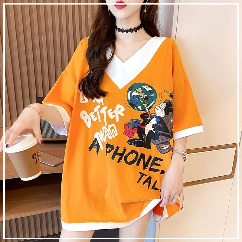 

2024 New Summer Trend Fashion Casual Loose Oversized V-neck Color Blocking Letter Print Short Sleeved Large Length T-shirt