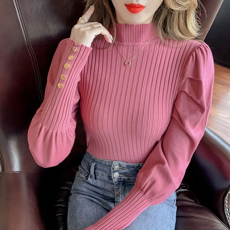 Autumn Winter Fashion Half High Collar Elegant Chic All Match Rib Knit Sweater Women\'s Solid Slim Long Sleeve Ladies Tops Jumper