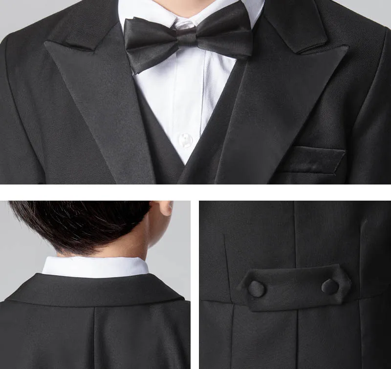 Boys Black Long Tuxedo Dress Jacket Vest Pants Photography Suit Children Luxurious Piano Performance Costume Kids Wedding Wear