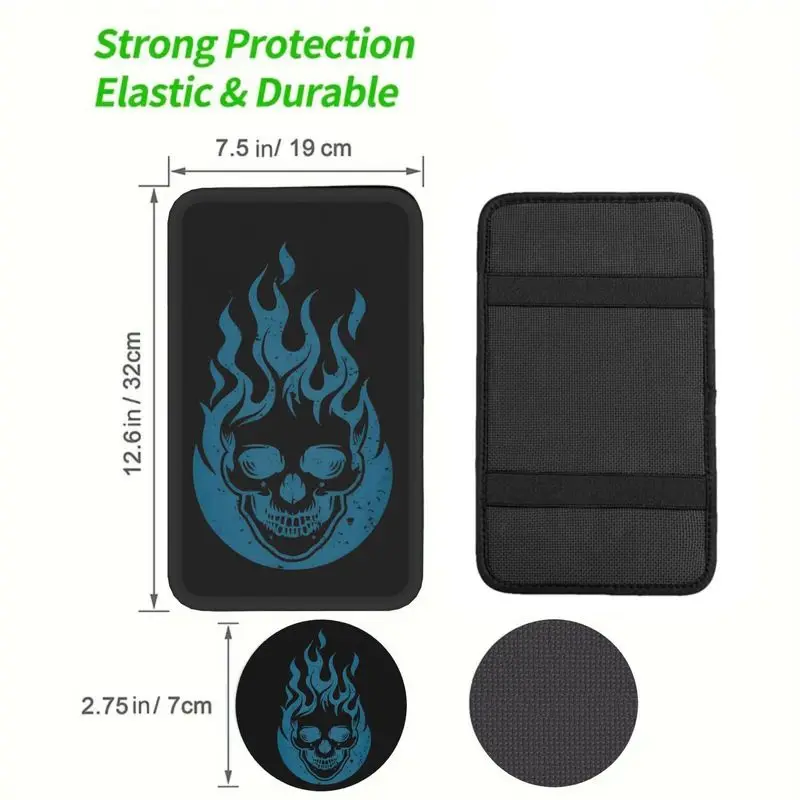 1 Pc Car Armrest Cover + 2 Pcs Cup Coasters | Blue Flame Skull Print | Cool Car Interior Accessories - view 2