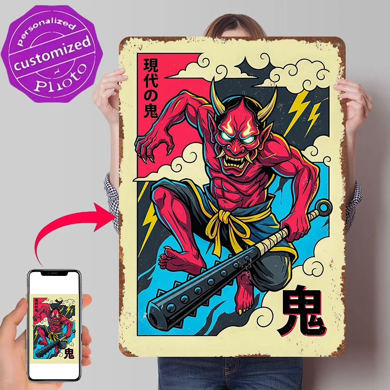 Japanese Oni Demon With Club Illustration Personalized 3D Textured Metal Poster Wall Art Vintage Tin Signs for Home Decor Items