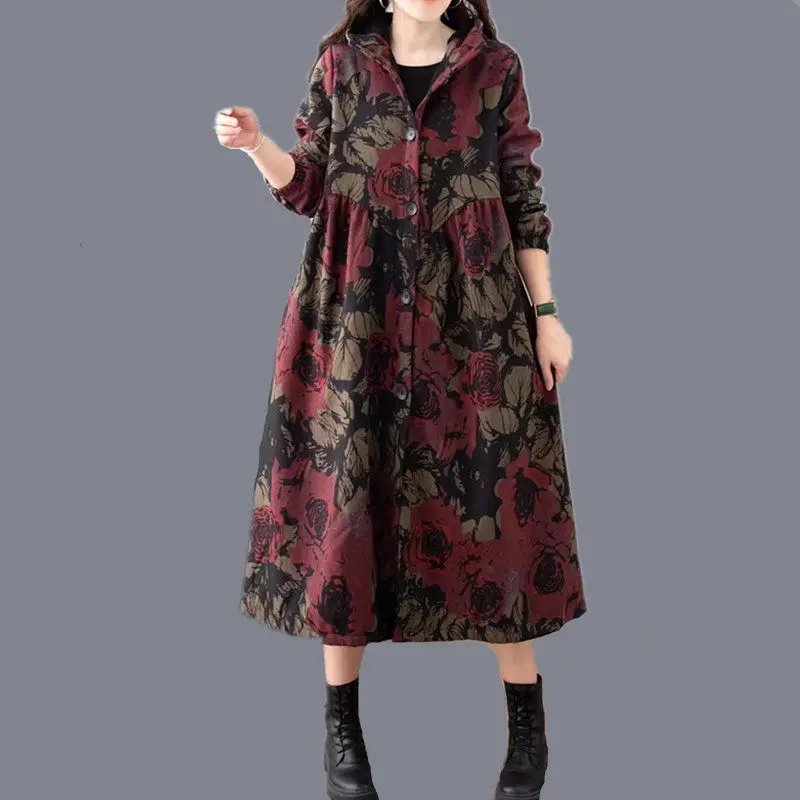 2022 New Plush Hooded Cotton And Linen Windbreaker Women\'s Autumn Winter Jacket Thickened Medium Long Floral Coat Overcoat T1543