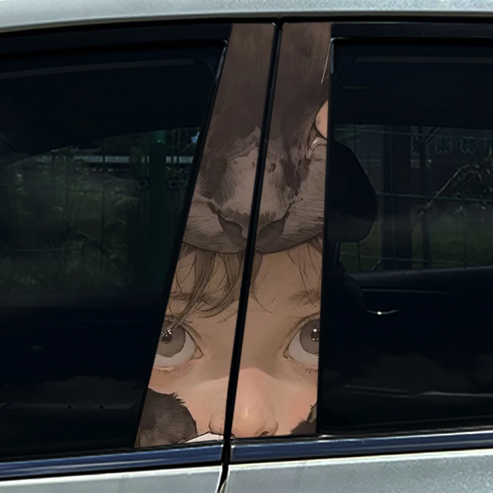 2PCS Vintage Art Child & Eye Print Car B Pillar Sticker, Waterproof Vinyl Anti-scratch Decor Protector Film