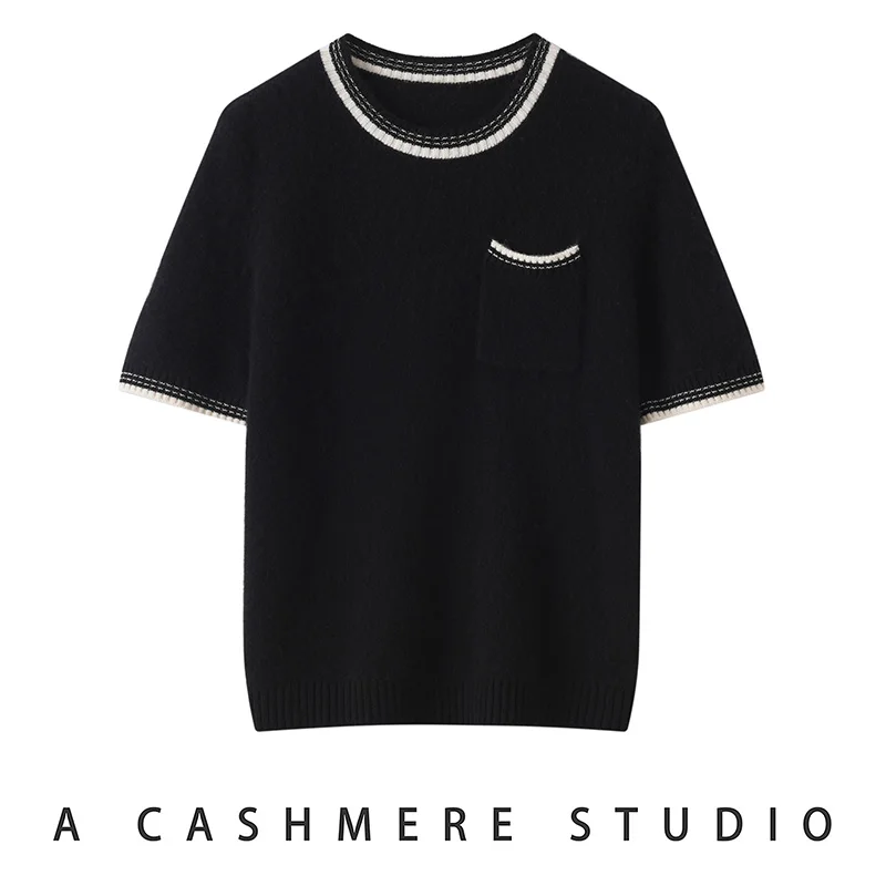 Round Neck With Pockets 100% Cashmere Short-Sleeve Women'S Spring And Autumn Fashion Half-Sleeve Sweater Black Casual Base Shirt