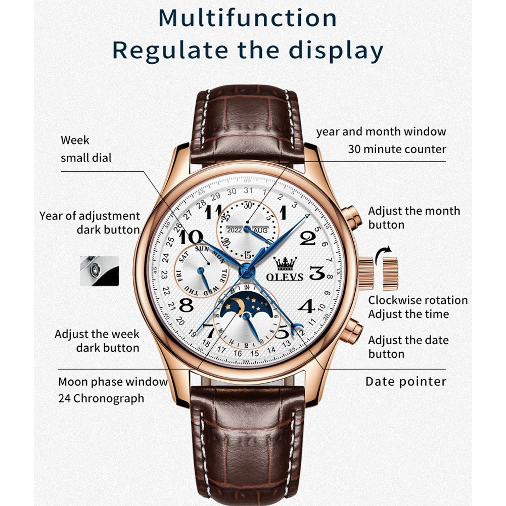 OLVES Original Men Mechanical Watches Classic Business Leather Strap Man Wristwatch Waterproof Luminous Moon Phase Watch For Men